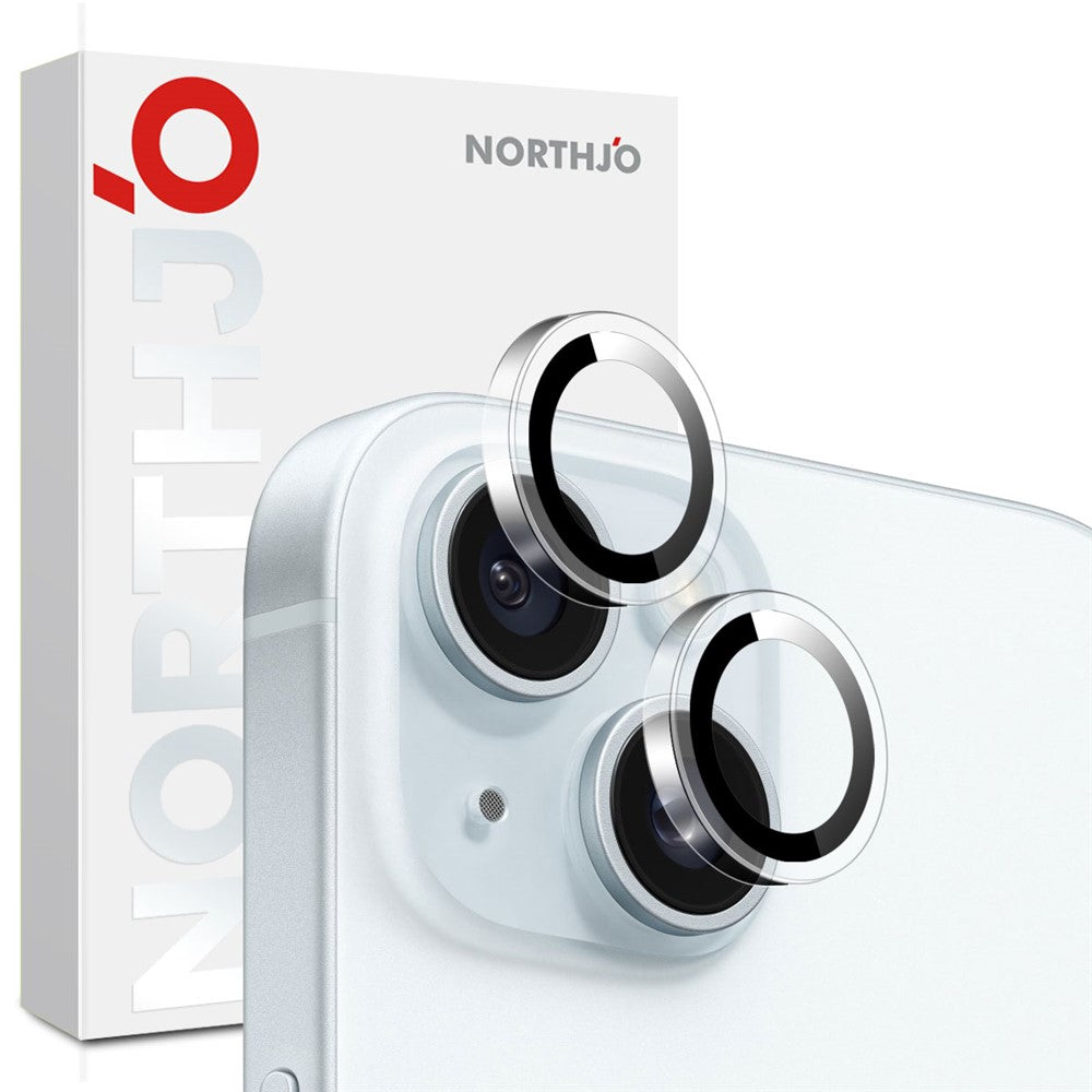 NORTHJO 1 sæt klar linsefilm til iPhone 15 / 15 Plus kamerabeskytter, hærdet glas, metalring