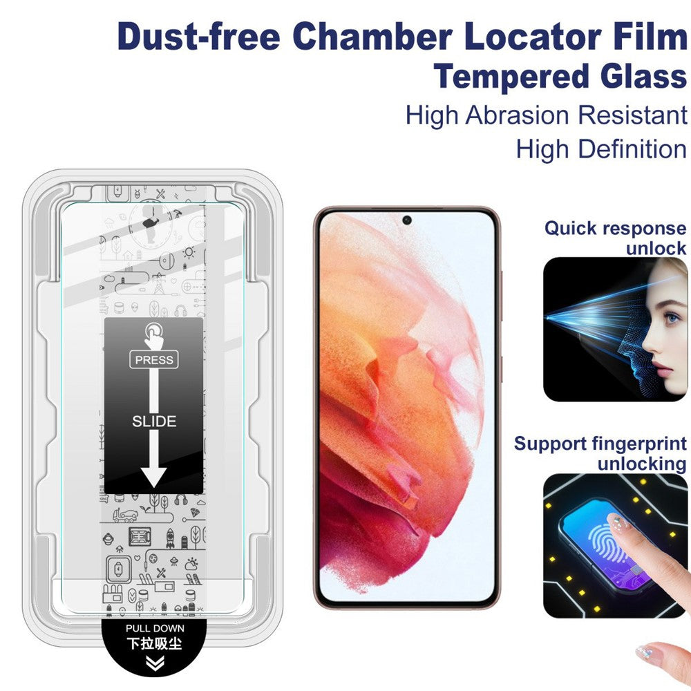 IMAK H-serien för Samsung Galaxy S21 5G / 4G härdat glasskärmskydd enkel installationsfilm med automatisk dammborttagningsverktygssats (fingeravtryckslåsning)