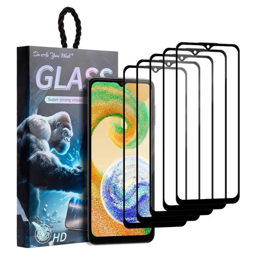 GØR SOM DU VIL 5 stk. skærmbeskyttelse til Samsung Galaxy A04e 4G / A04 4G (164,4 mm) / A04s 4G (164,7 mm), silketrykt, fuld klæbeflade, skærmbeskyttelsesfilm af høj aluminiums-kiselglas
