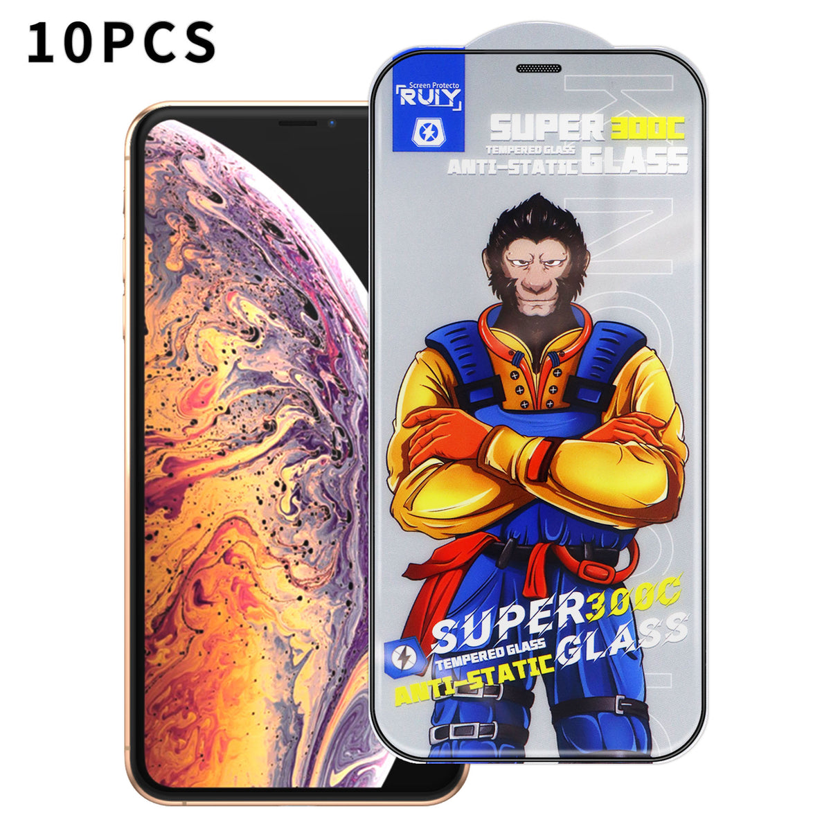 Til iPhone XS Max 6,5 tommer 10 stk. fuld skærmbeskytter 300C stor bue antistatisk silketryk HD klar hærdet glasfilm