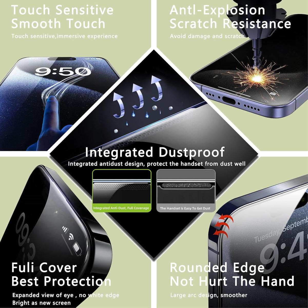 For iPhone 11 Pro 10Pcs Anti-Spy Full Screen Protector 300C Large Arc Anti Static Silk Printing Tempered Glass Film