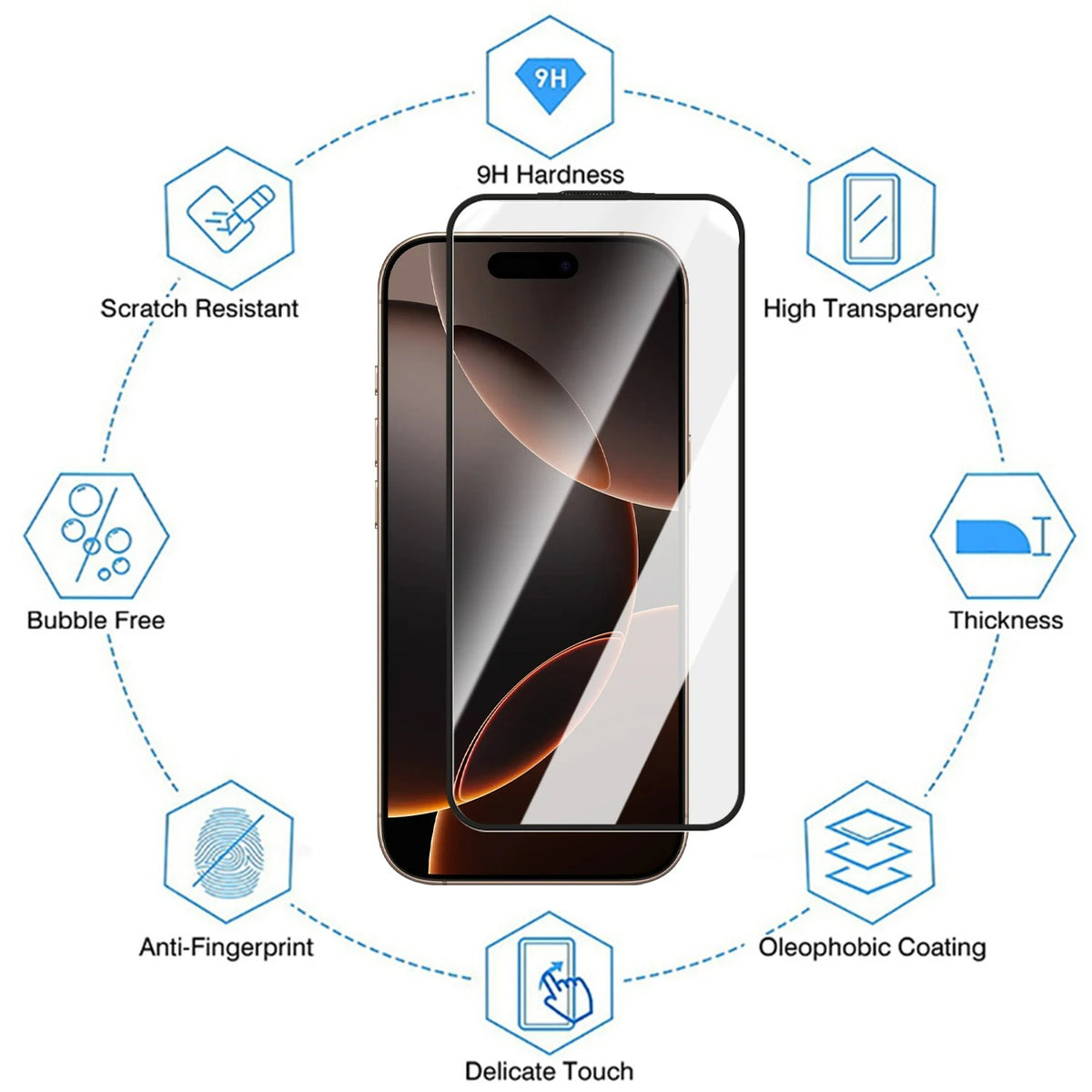 For iPhone 18 Pro / 17 Pro Full Screen Protector HD Clear Silk Printing High Aluminium-silicon Glass Film with Dust Removal Installation Frame