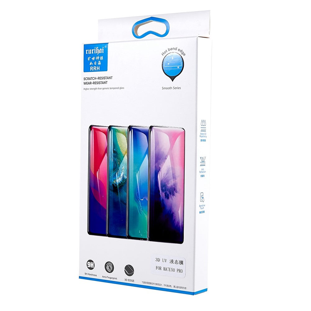 RURIHAI för Huawei Mate 50 Pro 4G 3D Full Glue 0.26mm HD Clear Film UV Liquid Mid-aluminium-kisel Glass Härdat Glas Skärmskydd