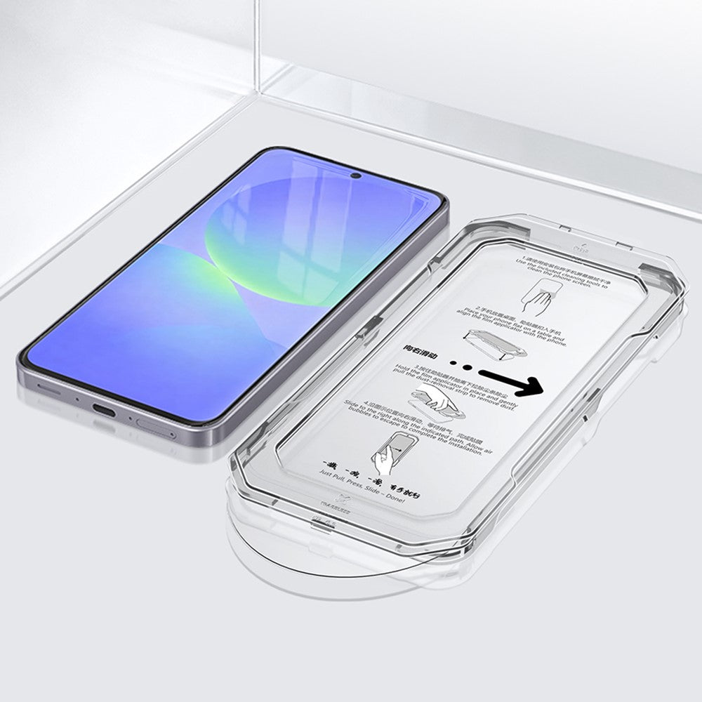 XUNDD XDTG-004 För Samsung Galaxy A57 5G Helskärmsskydd Helklistrande 0,33 mm 2,5D HD Hög Aluminium Silikon Glasfilm med Dammborttagningsverktyg