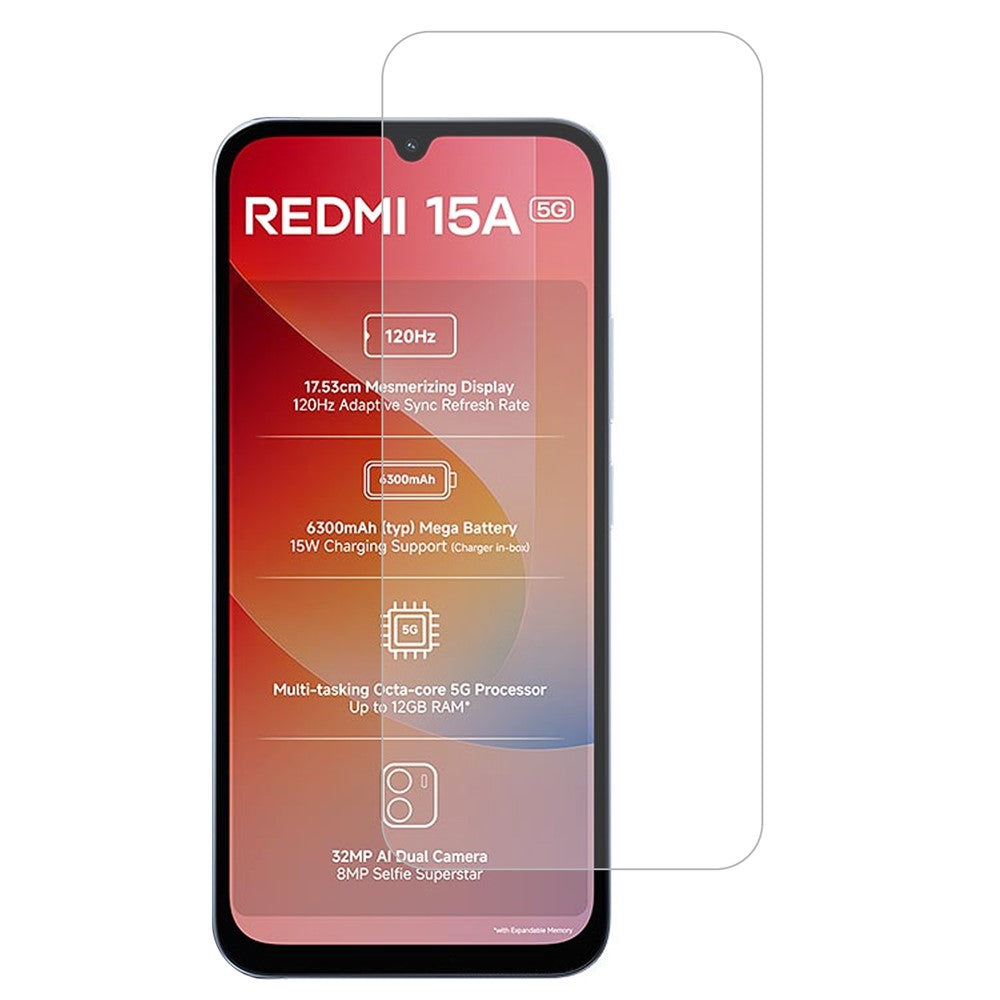 Xiaomi Redmi 15a 5G skärmskydd 0,3 mm härdat glas med bågformad kant, inte heltäckande