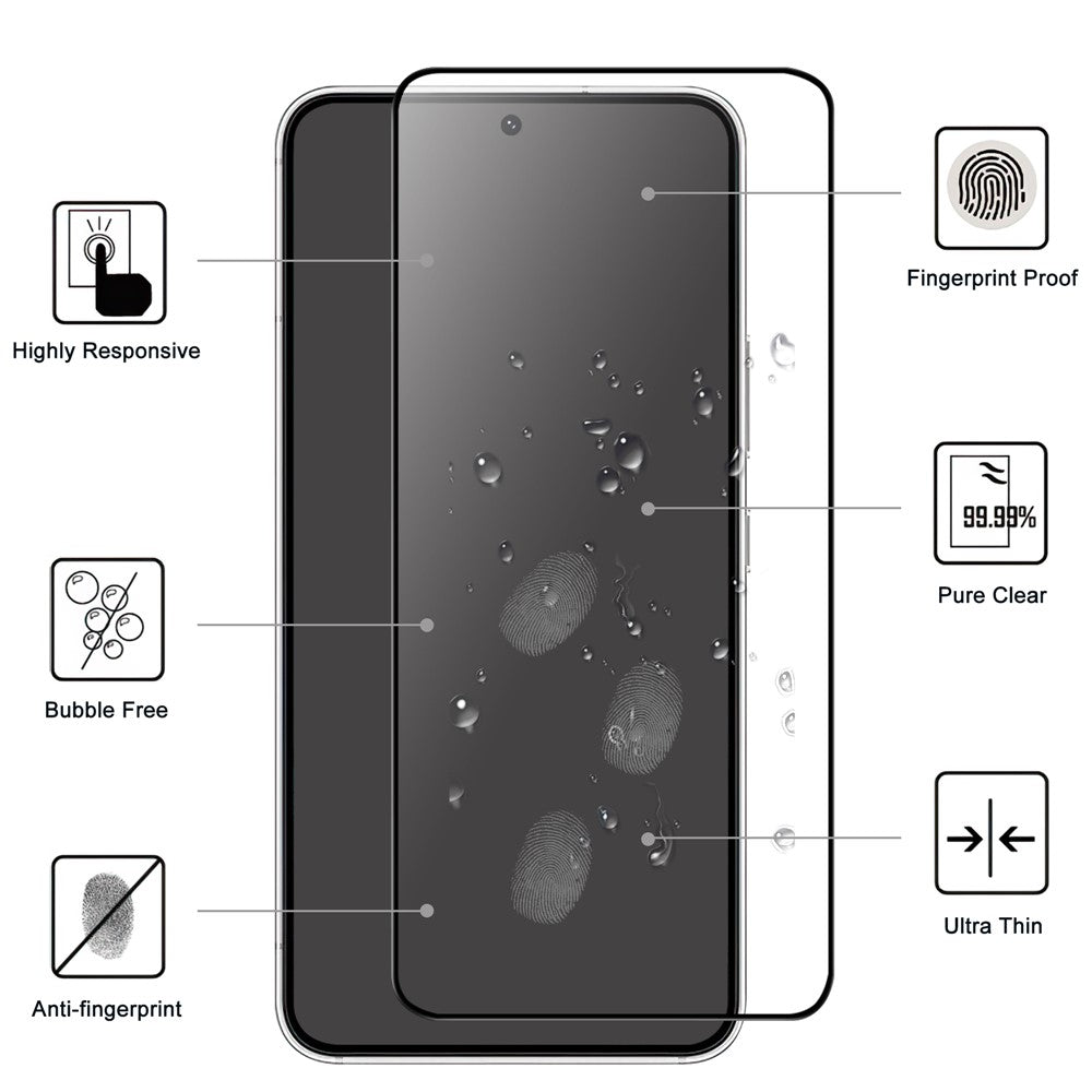 Samsung Galaxy S22 5G / S23 hærdet glas-skærmbeskyttelse i fuld størrelse, sort kant, fuld lim, 9H-hårdhed, splintresikker skærmfilm (0,1 mm tykkelse, understøtter fingeraftrykslåsning)