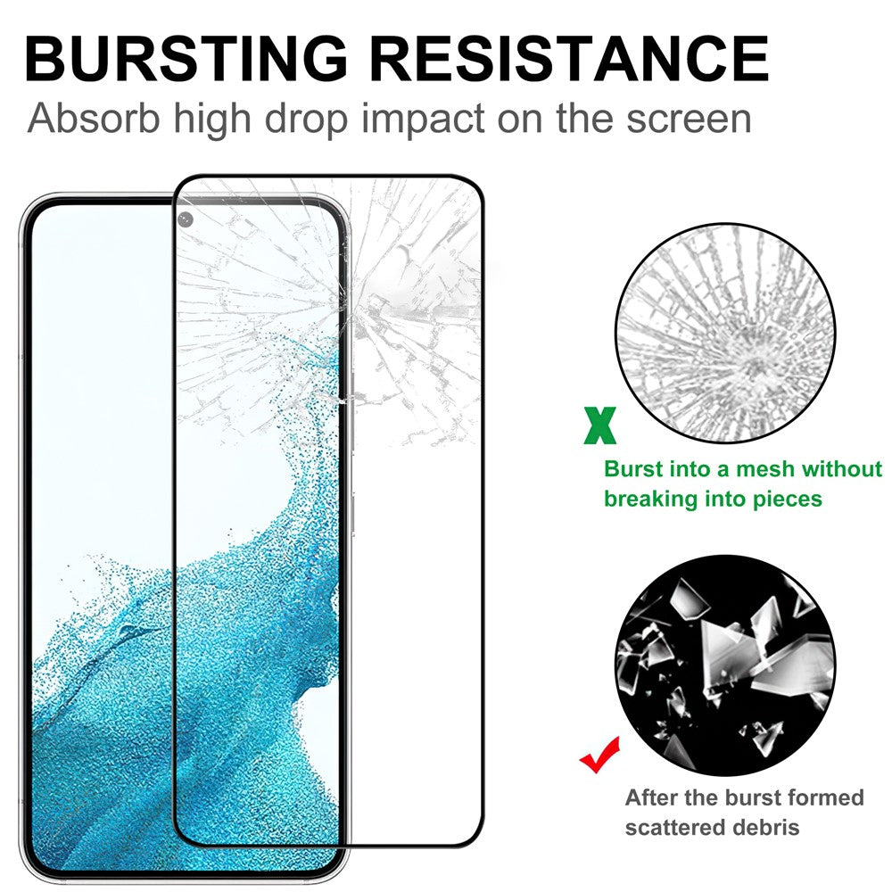 Samsung Galaxy S22 5G / S23 hærdet glas-skærmbeskyttelse i fuld størrelse, sort kant, fuld lim, 9H-hårdhed, splintresikker skærmfilm (0,1 mm tykkelse, understøtter fingeraftrykslåsning)