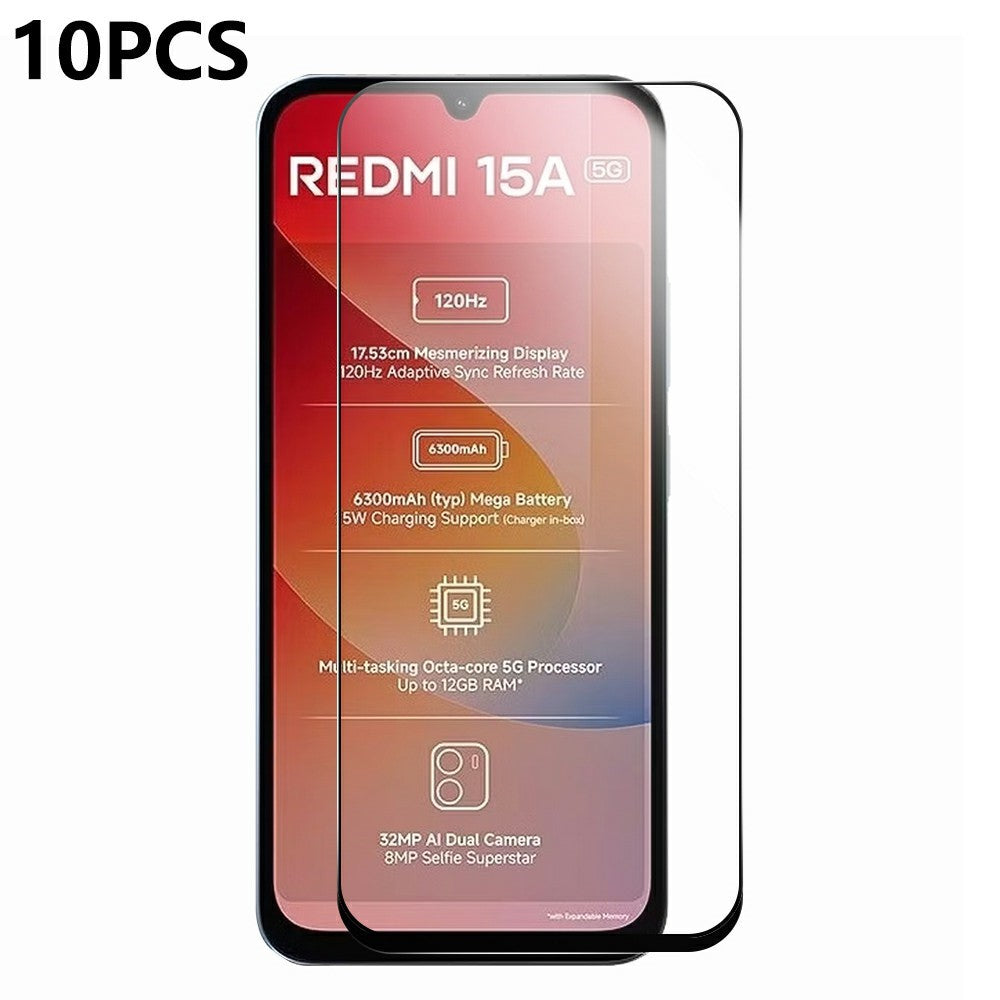 RURIHAI 10 st för Xiaomi Redmi 15a 5G hög aluminium-kisel glasfilm heltäckande lim 0,26 mm 2,5D helskärmsskydd
