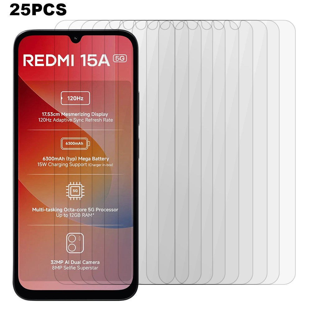 25 st. för Xiaomi Redmi 15a 5G skärmskydd helhäftande härdat glas HD-film (inte komplett täckning) (ingen förpackning, med våtservetter, dammuppsamlare, guideklistermärke)