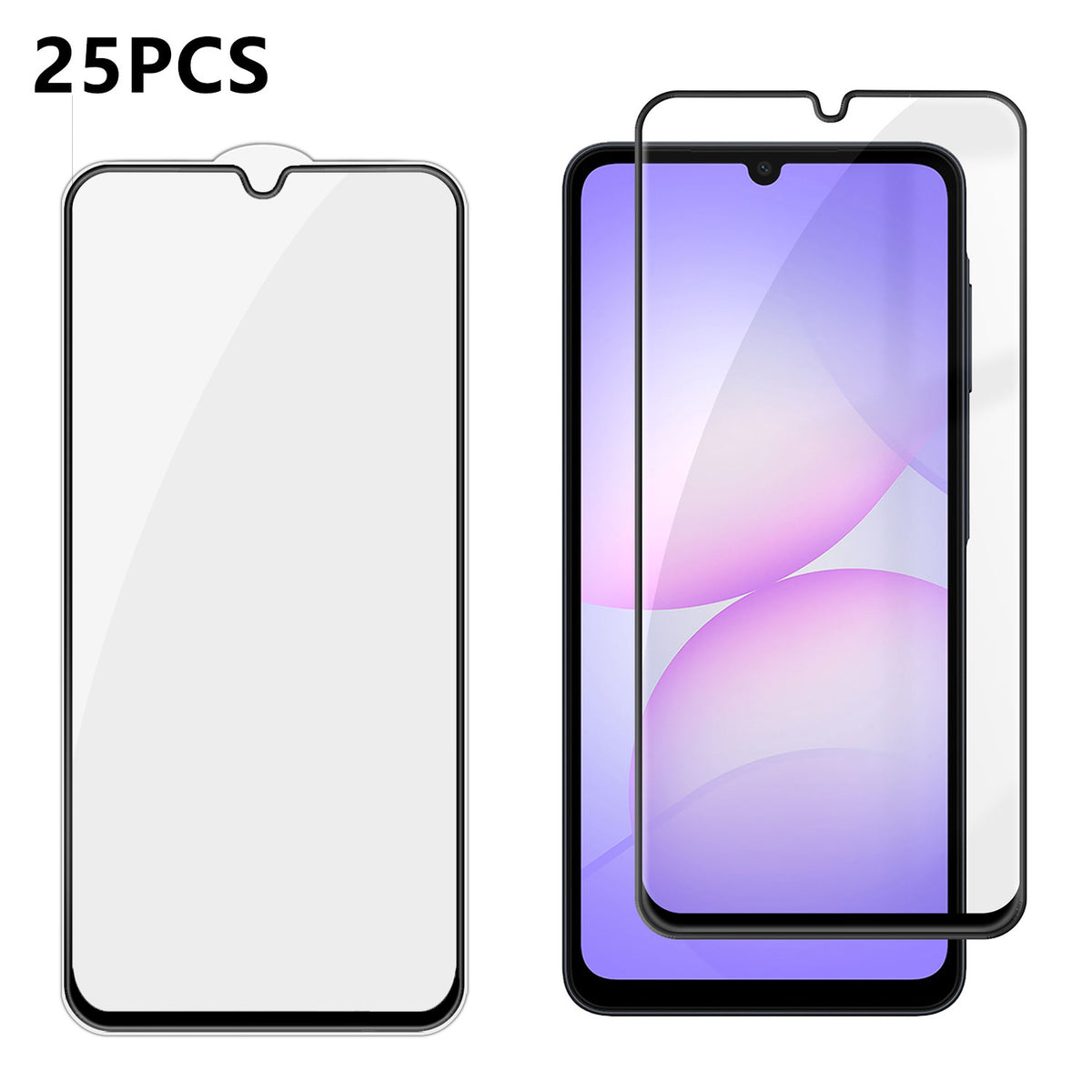 Samsung Galaxy A08 5G / A08 4G / A07 5G / A07 4G / A07s 4G 25 stk. fulddækkende skærmbeskyttere med silketryk, ultraklar film af aluminium-silikatglas