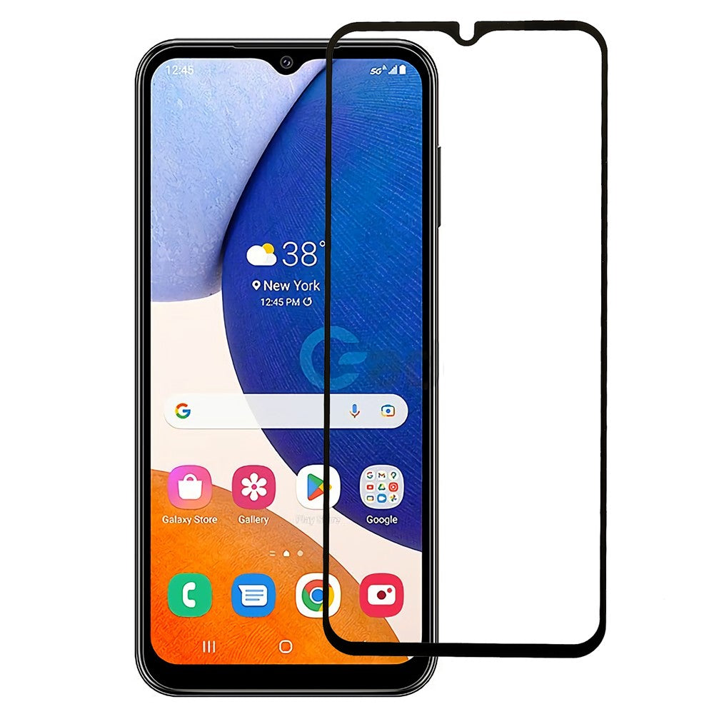 Samsung Galaxy A14 5G / A14 4G silketrykt hærdet glasskærmbeskyttelse, fuld klæbning, sort kant, eksplosionssikret fuldskærmsfilm