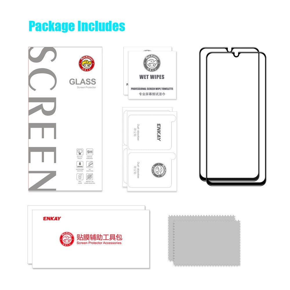 ENKAY HAT PRINCE 2 stk./sæt til Samsung Galaxy A14 5G/A14 4G, skærmbeskyttelse mod fingeraftryk, 0,26 mm 9H, 2,5D buet kant, splintsikker, fulddækkende lim, høj aluminium-silikoneglasfilm