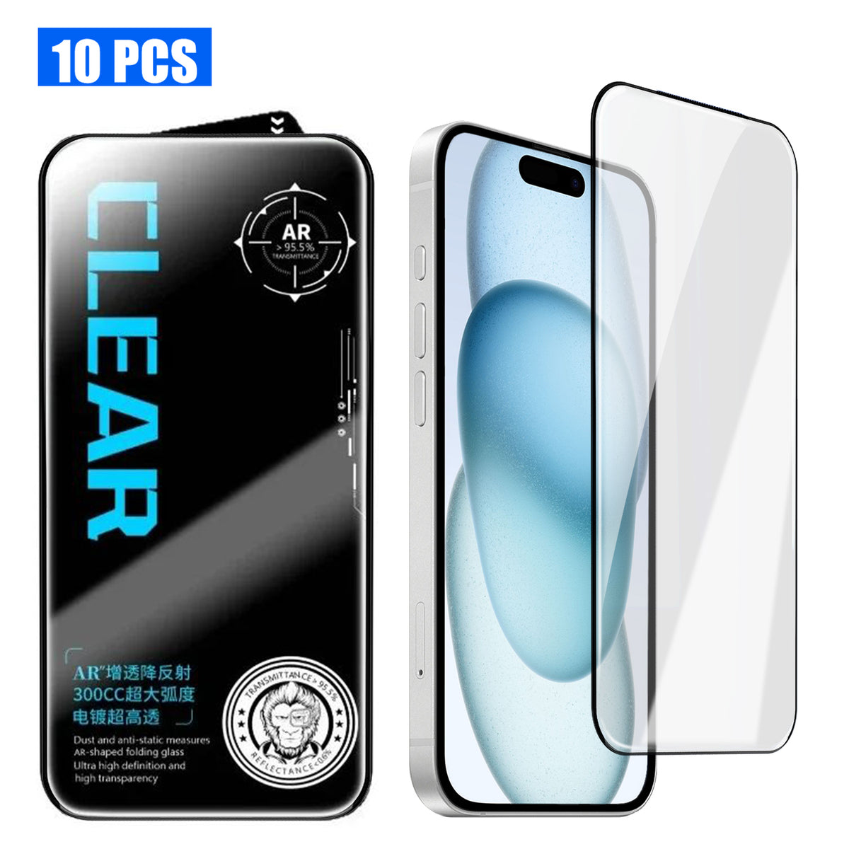 For iPhone 15 10Pcs Screen Protector AR Anti-Reflection High Aluminium-silicon Glass Silk Printing Clear Film