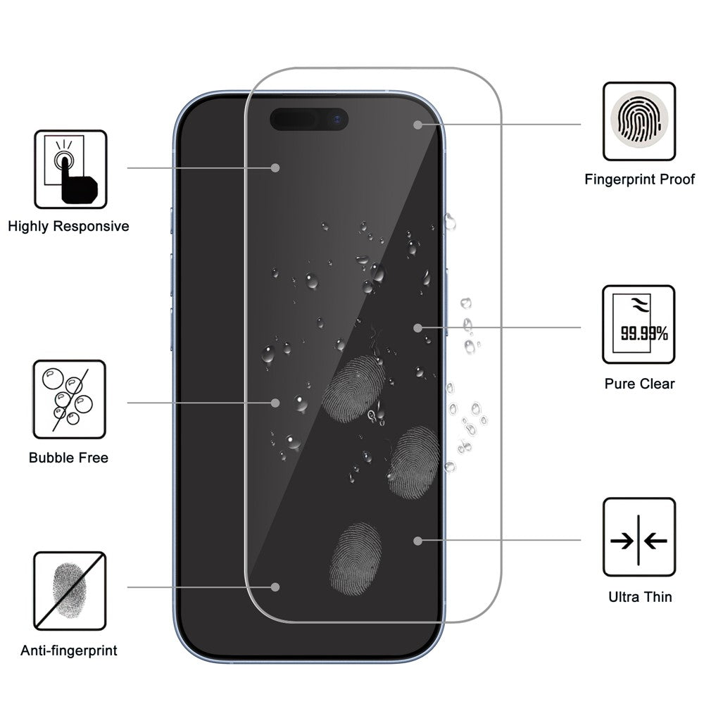 2Pcs For iPhone 16 Pro Full Screen Protector HD Clear High Aluminum-Silicon Glass 9H Hardness Film with Positioning Film
