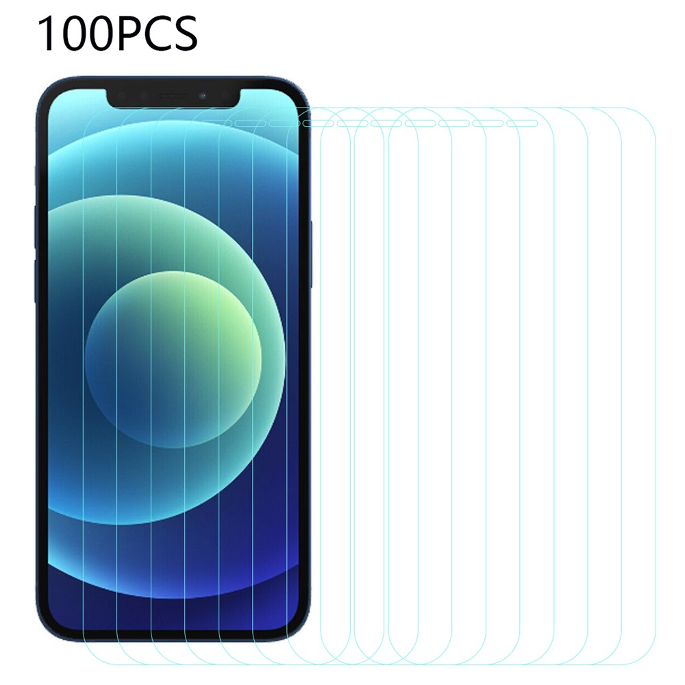 100 stk. til iPhone 12 mini 5,4 tommer eksplosionshæmmende film ultraklart hærdet glas skærmbeskytter med buet kant (uden emballage, med renseservietter, støvabsorber, guideklistermærke)