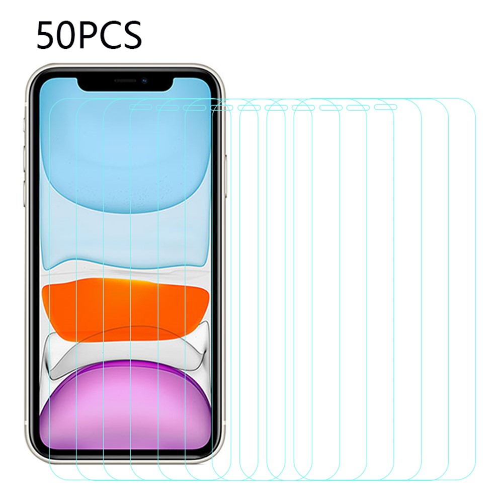 50 stk. hærdet glas skærmbeskytter til iPhone 11 6,1 tommer HD skærmfilm Arc Edge Anti-Støv skærmbeskytter (uden emballage, med rensesæt, støvfjerner, guide-klistermærke)