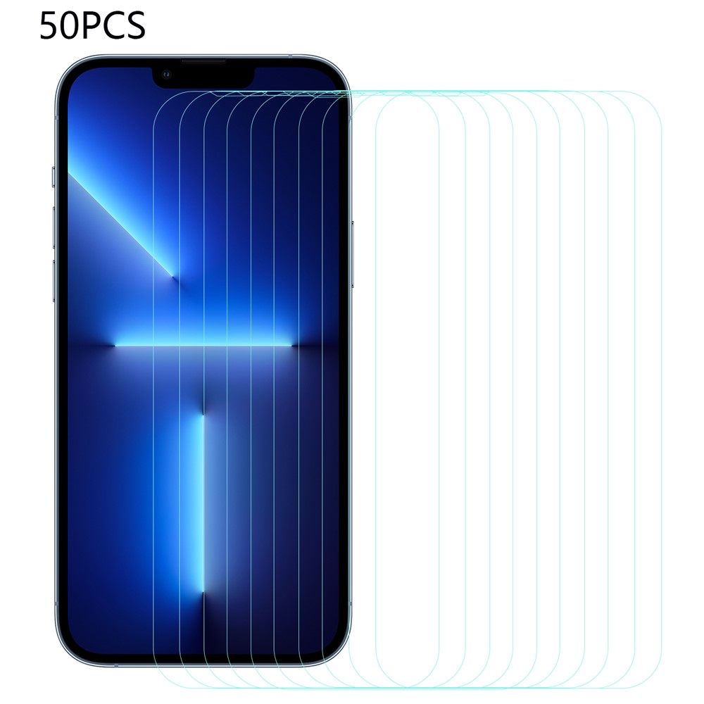 50 st för iPhone 13 Pro Max 6,7 tum Arc Edge härdat glasskärmskydd explosionsskyddande klar film (ingen förpackning, med våtservetter, dammuppsamlare, guideklistermärke)