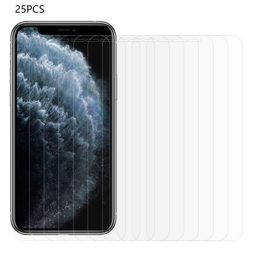 25Pcs For iPhone 11 Pro Max 6.5 inch Arc Edge Tempered Glass Screen Protector HD Clear Screen Protective Film (No Package, with Wipes Set, Dust-absorber, Guide Sticker)
