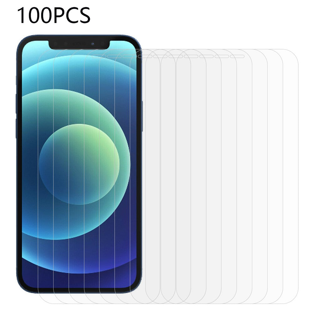 100 st för iPhone 12 Pro Max 6,7 tum HD Clear Arc Edge härdat glas skärmskydd mobilskärmfilm (ingen förpackning, med våtservetter, dammuppsamlare, guideklistermärke)