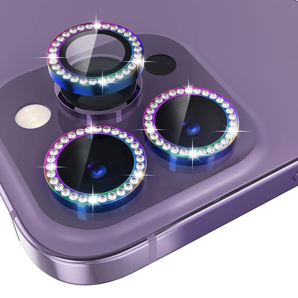 NORTHJO 1 sæt til iPhone 14 Pro / 14 Pro Max kameralinsebeskytter hærdet glas + metal rhinestone kameraringfilm