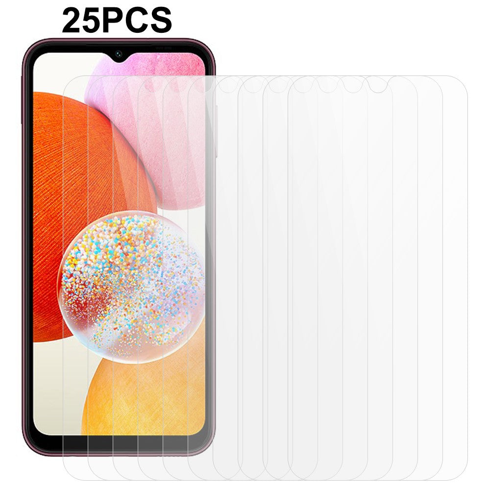 25 stk. til Samsung Galaxy A14 5G/4G, hærdet glasfilm med fuld HD-skærmbeskyttelse (ingen emballage, med vådservietter, støvopsamler og guideklistermærke)