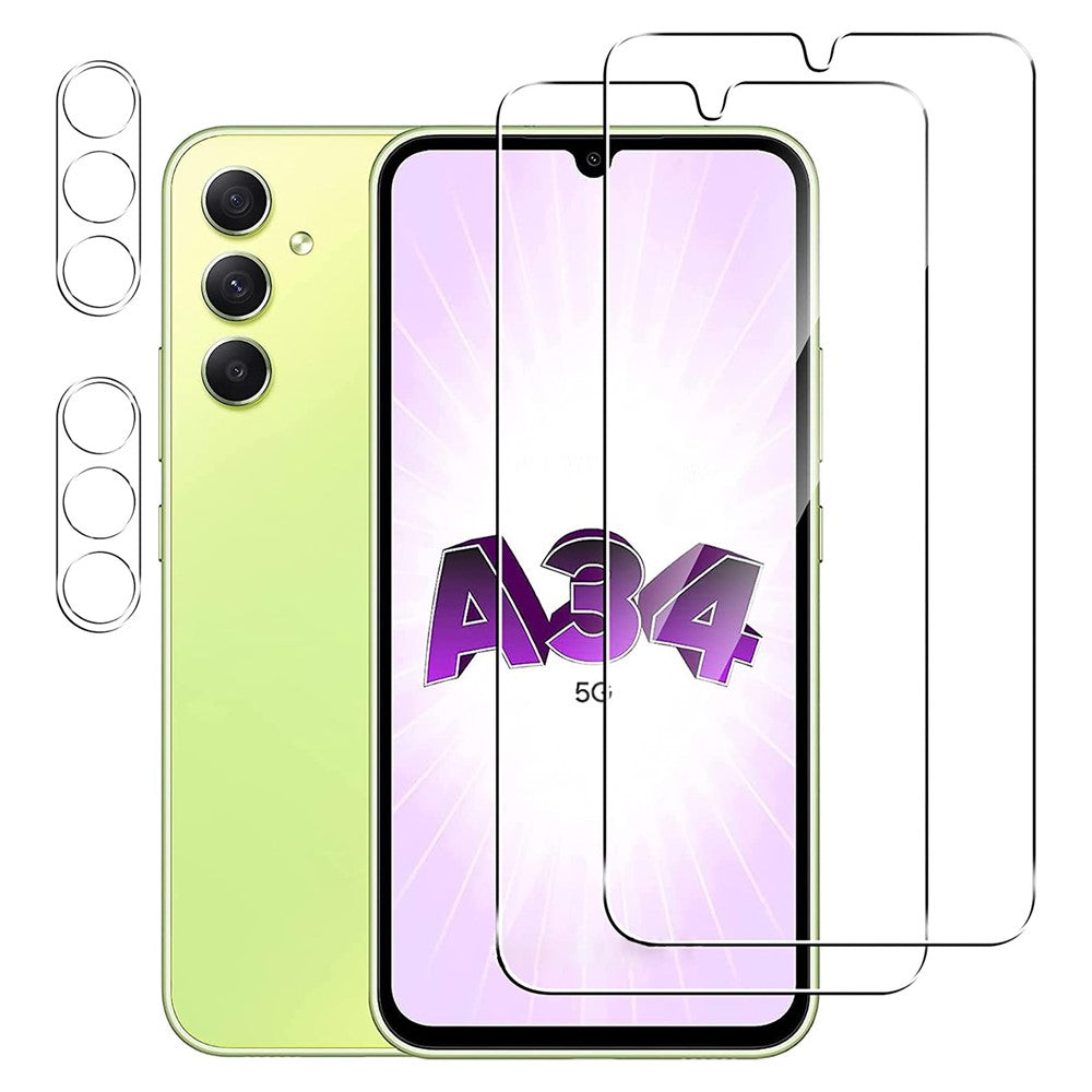 2Pcs For Samsung Galaxy A34 5G Screen Protector Tempered Glass Film with Camera Lens Protectors