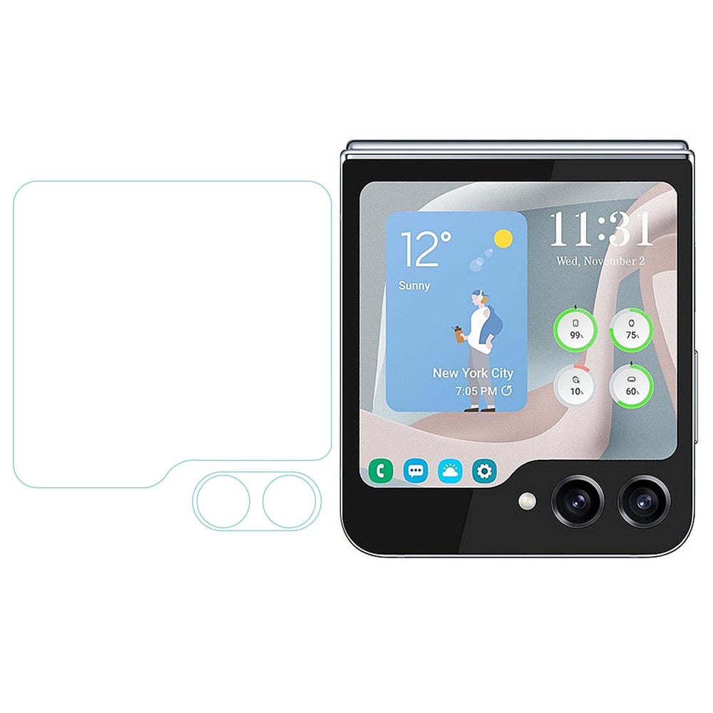Til Samsung Galaxy Z Flip5 5G Lille Skærmbeskytter + Kameralinsebeskytter 2.5D Buet Kant Silketryk Hærdet Glasfoliesæt