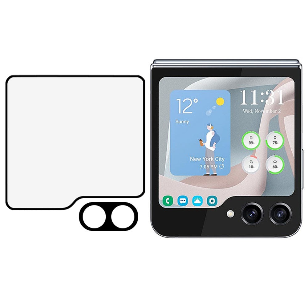 Samsung Galaxy Z Flip5 5G 1 set 3D-kameralinsskydd + bakre liten skärmfilm härdat glas sidentryckfilm