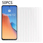 50 st. skärmskydd till mobilen för Xiaomi Redmi 12 4G, härdat glas, heltäckande HD-skärmfilm (ingen förpackning, med våtservetter, dammuppsamlare, guideklistermärke)