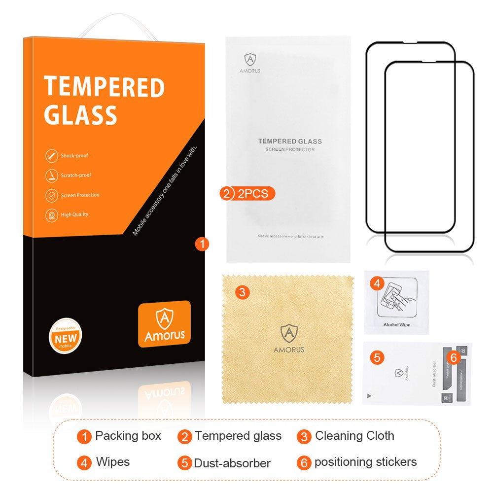 AMORUS 2Pcs For iPhone 15 Pro Max Silk Printing Tempered Glass Film Full Screen Coverage Protector (Full Glue)