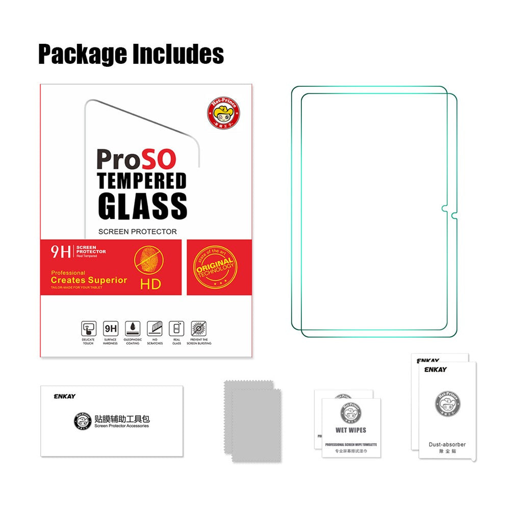 ENKAY HAT PRINCE 2 st för Samsung Galaxy Tab S7 / S8 / S9 / S10 FE / S9 FE 0,33 mm skärmskydd 9H 2,5D hög aluminium-kiselglasfilm för surfplatta