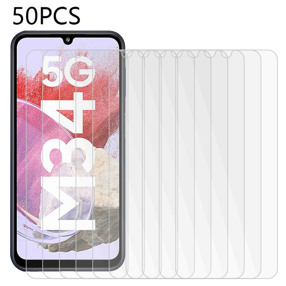 50 st för Samsung Galaxy F34 5G / M34 5G HD genomskinligt skärmskydd härdat glas mobilskyddsfilm (ingen förpackning, med våtservetter, dammuppsamlare, guideklistermärke)