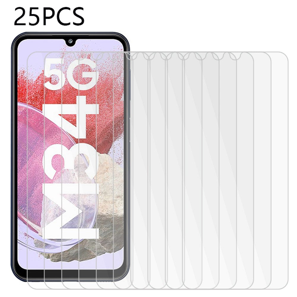 25 st. för Samsung Galaxy F34 5G / M34 5G reptålig skärmskyddsfilm i härdat glas för mobil (ingen förpackning, med våtservetter, dammuppsamlare, guideklistermärke)