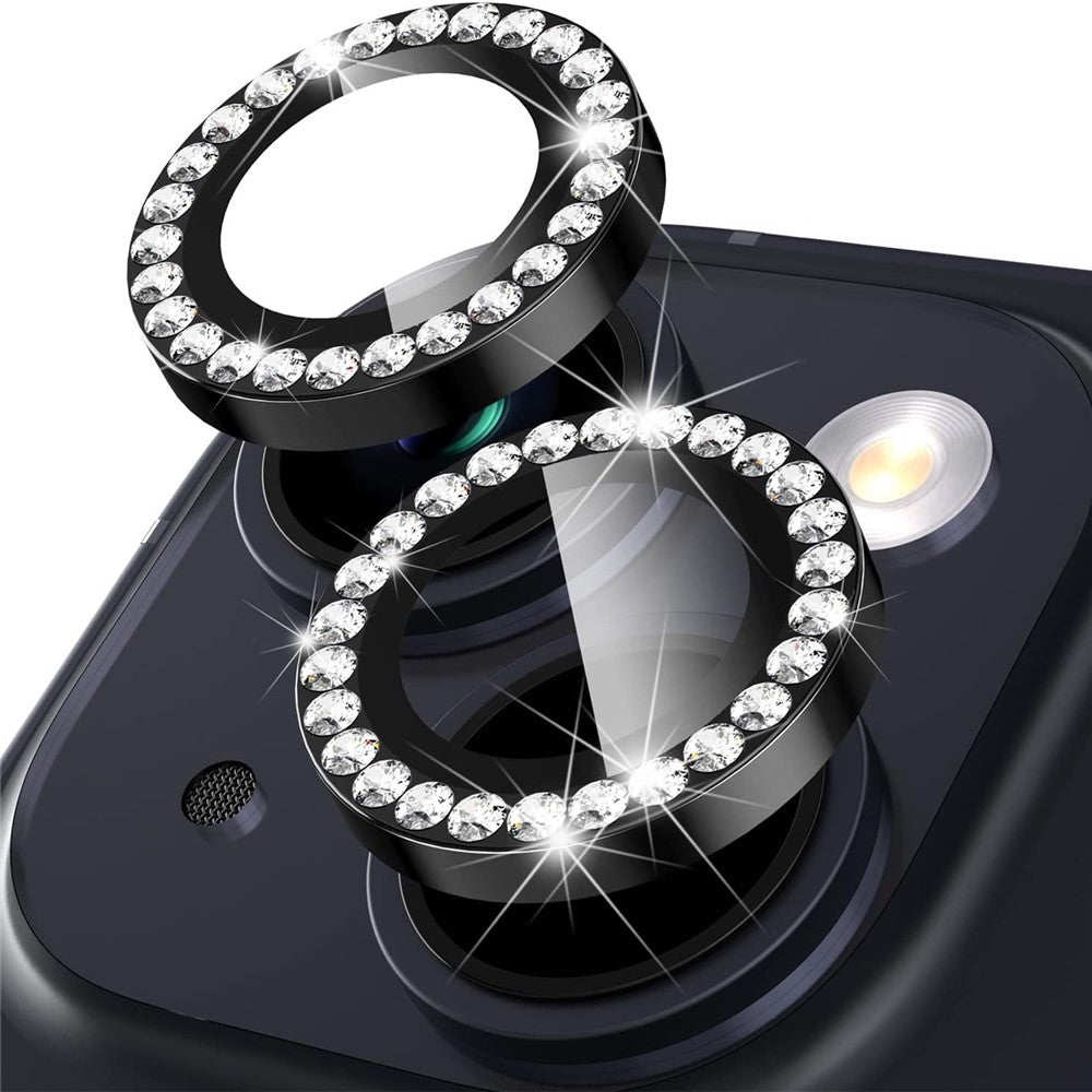 Til iPhone 15 / 15 Plus Rhinestone Decor Kameraobjektivbeskyttersæt Hærdet Glas+Metalring Cover Objektivfilm