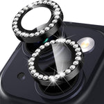 For iPhone 15 / 15 Plus Rhinestone Decor Camera Lens Protector Set Tempered Glass+Metal Ring Cover Lens Film