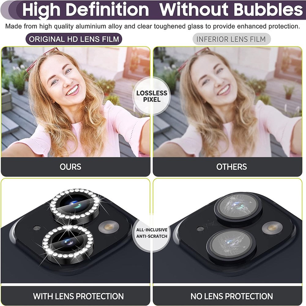 For iPhone 15 / 15 Plus Rhinestone Decor Camera Lens Protector Set Tempered Glass+Metal Ring Cover Lens Film