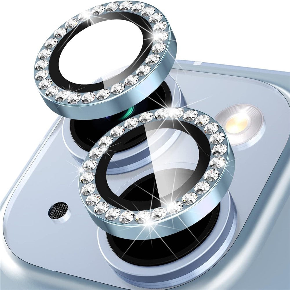 For iPhone 15 / 15 Plus Rhinestone Decor Camera Lens Protector Set Tempered Glass+Metal Ring Cover Lens Film