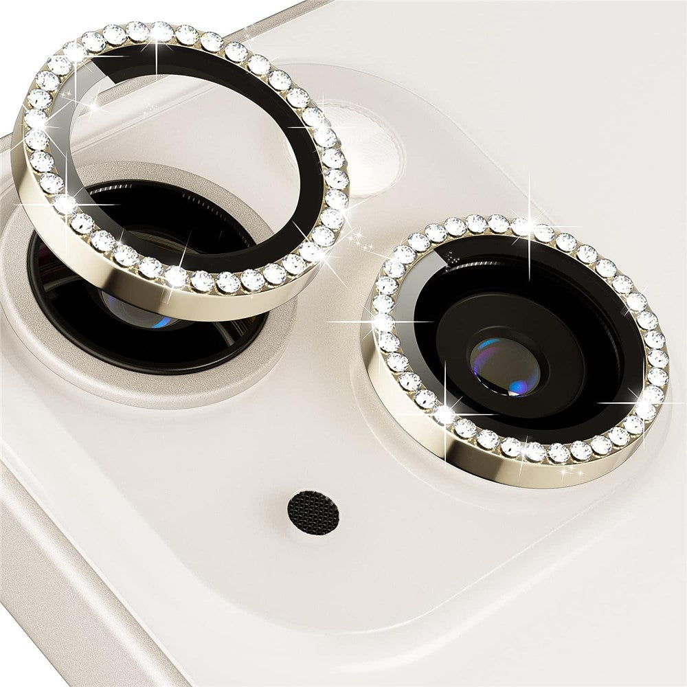 For iPhone 15 / 15 Plus Rhinestone Decor Camera Lens Protector Set Tempered Glass+Metal Ring Cover Lens Film