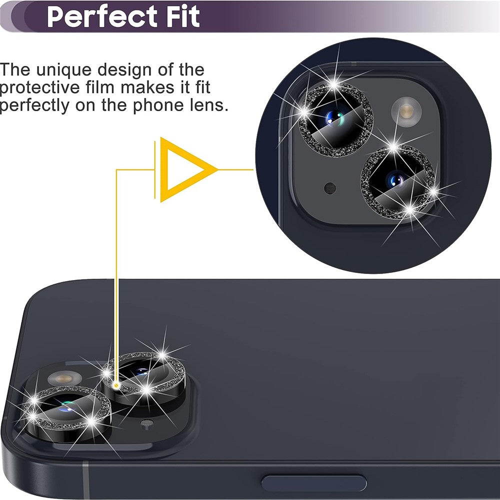 For iPhone 15 / 15 Plus Camera Lens Protector Set Glitter Metal Ring Tempered Glass Back Lens Film