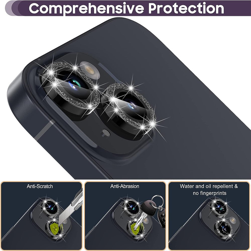 For iPhone 15 / 15 Plus Camera Lens Protector Set Glitter Metal Ring Tempered Glass Back Lens Film