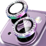 Til iPhone 15 / 15 Plus Bling Rhinestone Kamera Linsebeskyttersæt Farverig Metal Ring Hærdet Glas Linsefilm