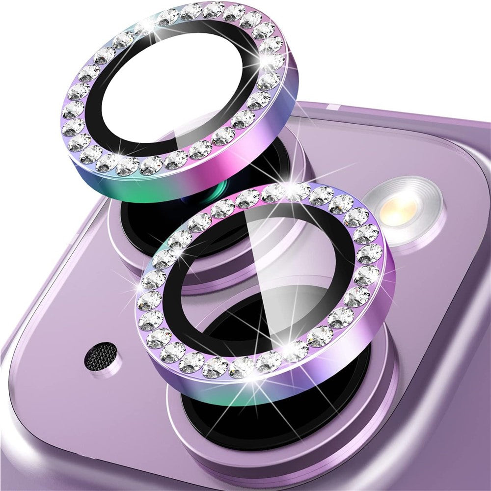 Til iPhone 15 / 15 Plus Bling Rhinestone Kamera Linsebeskyttersæt Farverig Metal Ring Hærdet Glas Linsefilm