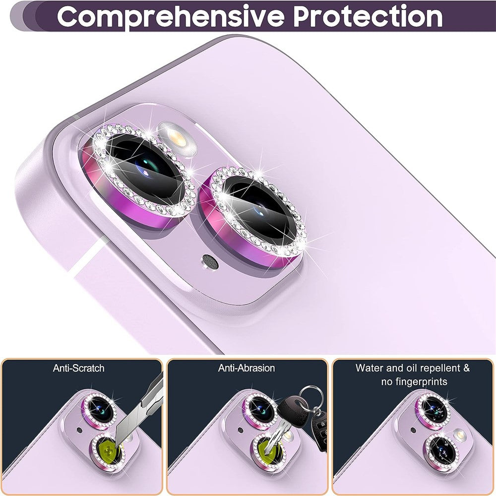 Til iPhone 15 / 15 Plus Bling Rhinestone Kamera Linsebeskyttersæt Farverig Metal Ring Hærdet Glas Linsefilm