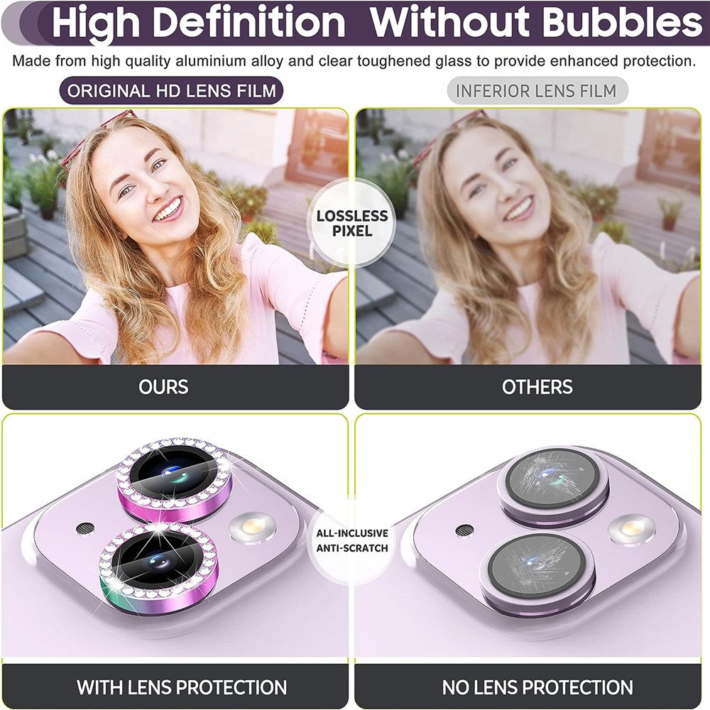 Til iPhone 15 / 15 Plus Bling Rhinestone Kamera Linsebeskyttersæt Farverig Metal Ring Hærdet Glas Linsefilm