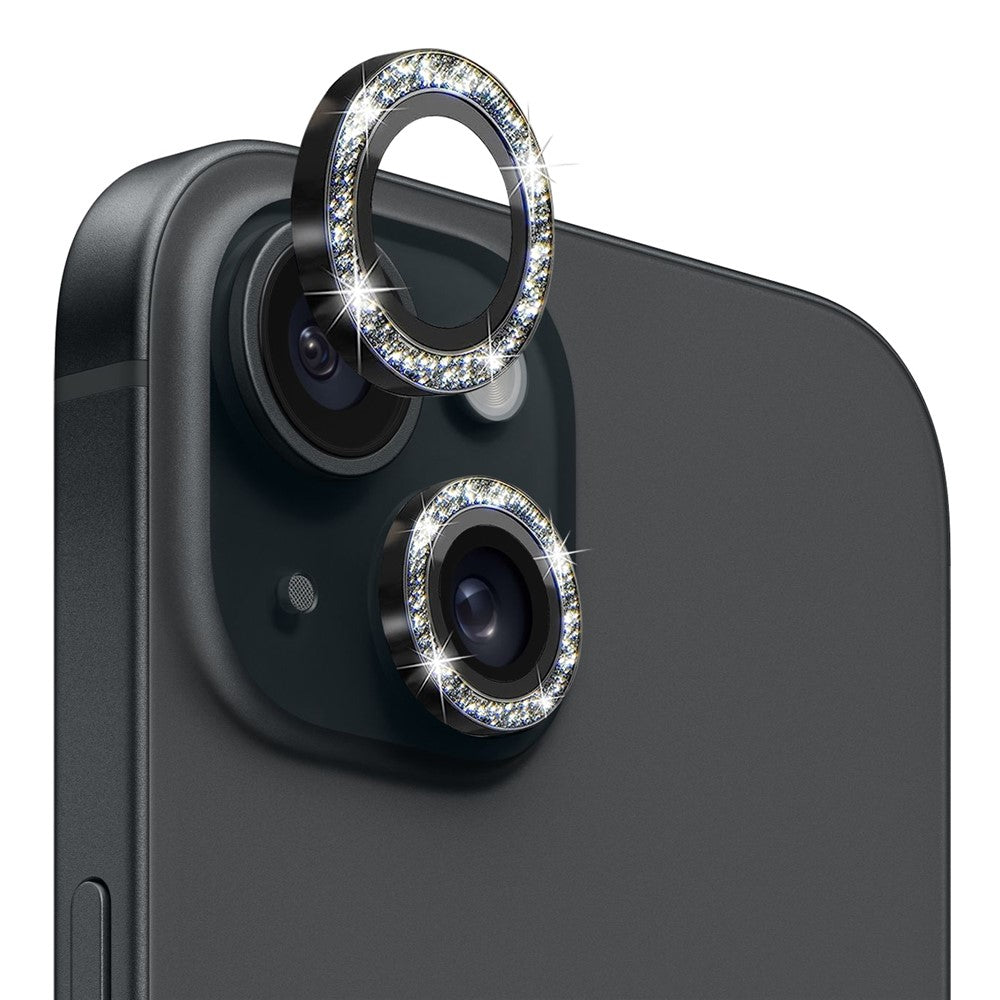 NORTHJO 1 Set For iPhone 15 / 15 Plus Glitter Camera Lens Protector Tempered Glass+Metal Ring Cover Film