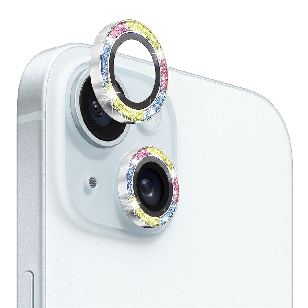 NORTHJO 1 Set For iPhone 15 / 15 Plus Glitter Camera Lens Protector Tempered Glass+Metal Ring Cover Film