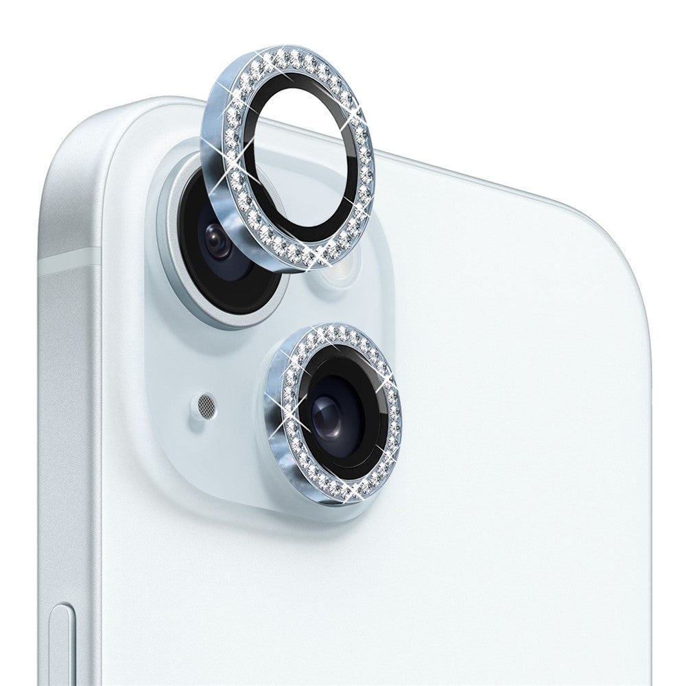NORTHJO 1 sæt til iPhone 15 / 15 Plus Rhinestone Linsebeskytter Hærdet Glas + Bagkamera Linsefilm i Metal