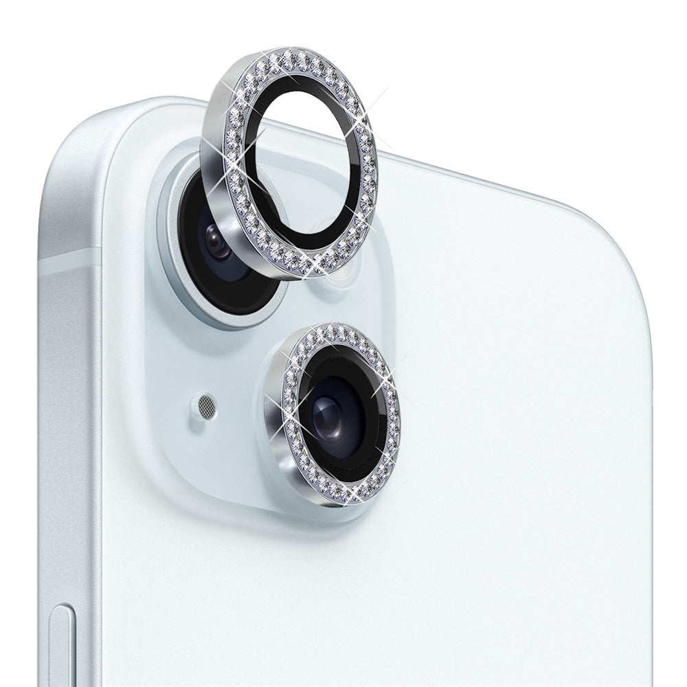 NORTHJO 1 Set For iPhone 15 / 15 Plus Rhinestone Lens Protector Tempered Glass + Metal Rear Camera Lens Film