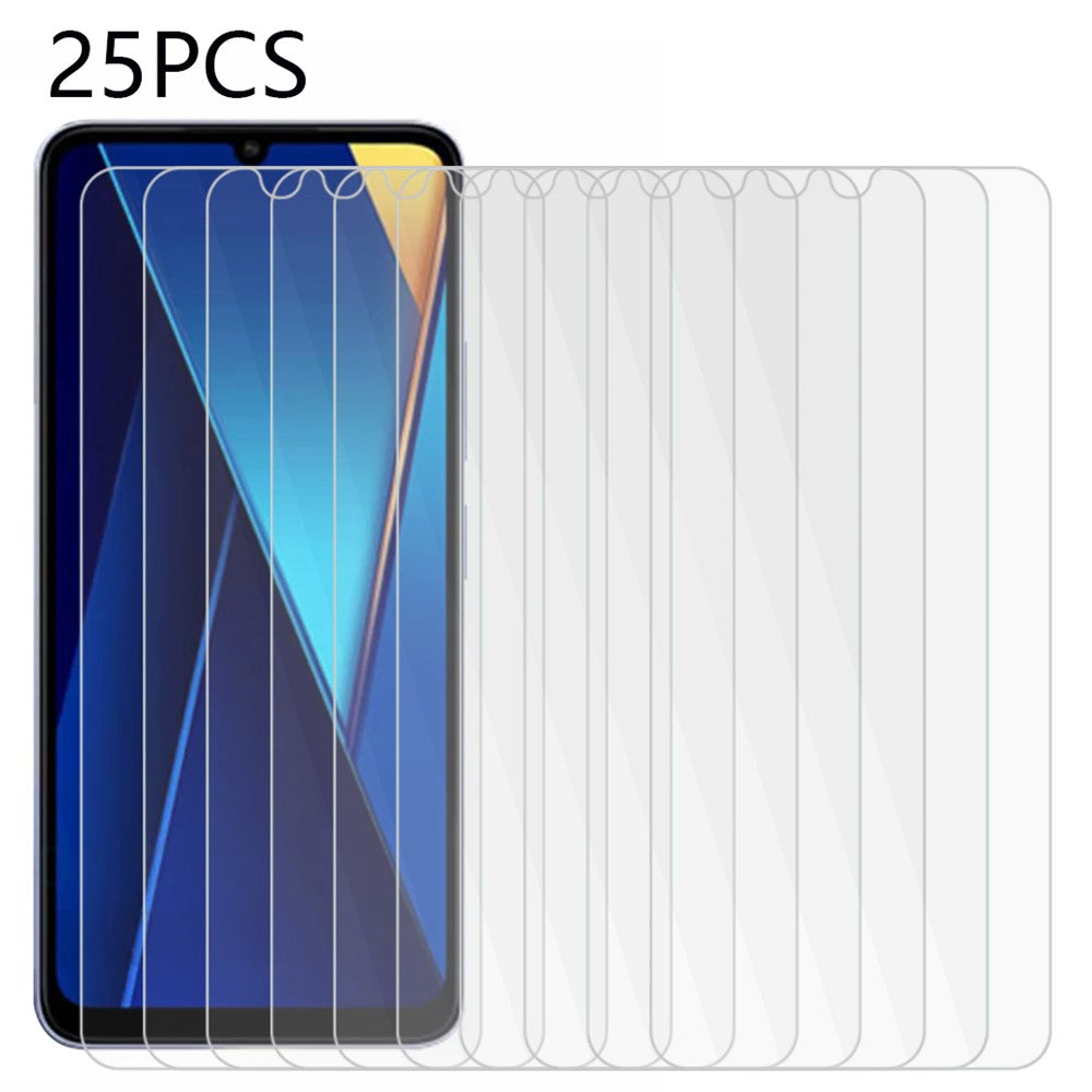 25 st för Xiaomi Redmi 13C 4G / 5G / 13R 5G / Poco M6 5G / Poco C65 4G härdat glasskärmskydd med hög transparens (ingen förpackning, med våtservetter, dammuppsamlare, guideklistermärke)