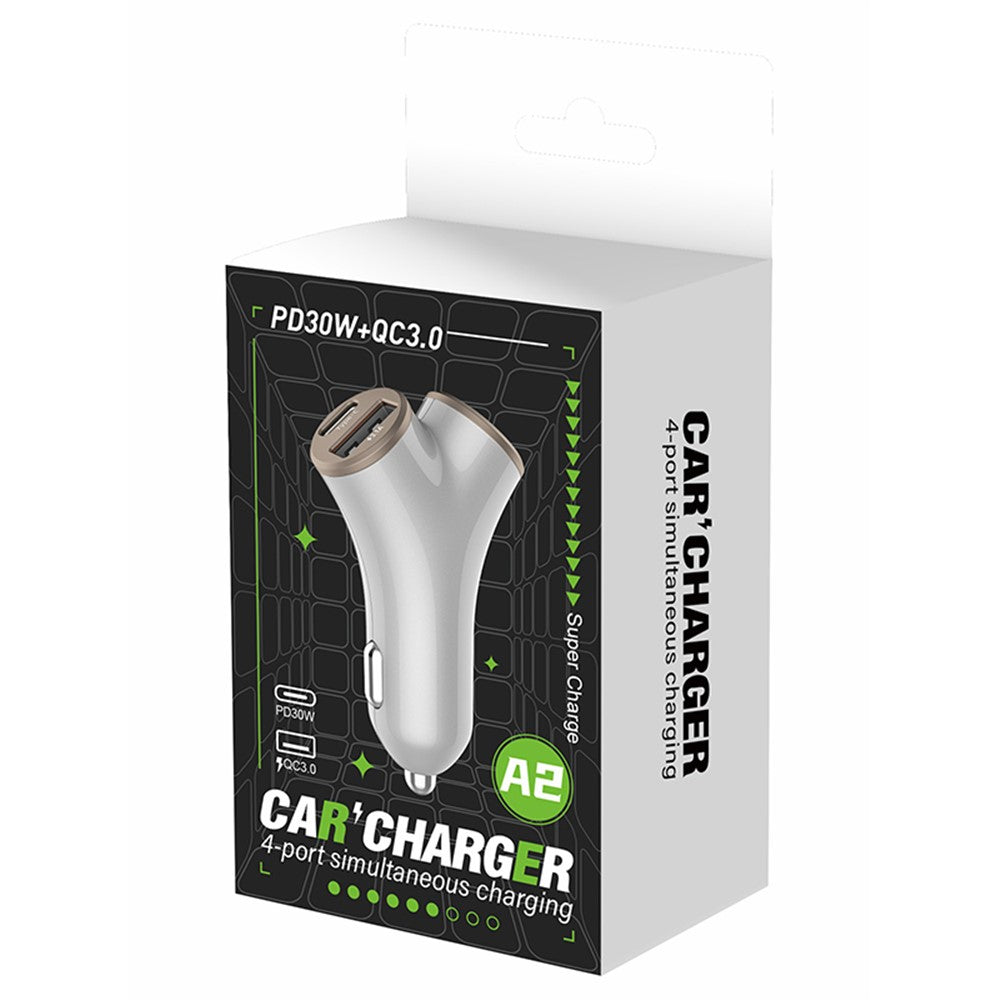 A2 78W Y-Shaped Car Charger 2 USB + 2 Type-C Phone Fast Charging Power Adapter